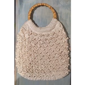 J. Crew White Straw Crochet Handbag Bamboo Handle